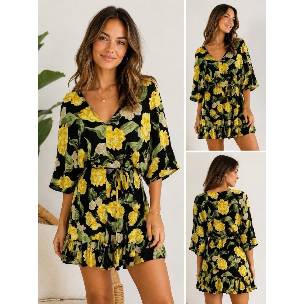 ZARA Boho Floral Tie Waist Kimono Mini Dress Black Yellow Size Small Cottagecore